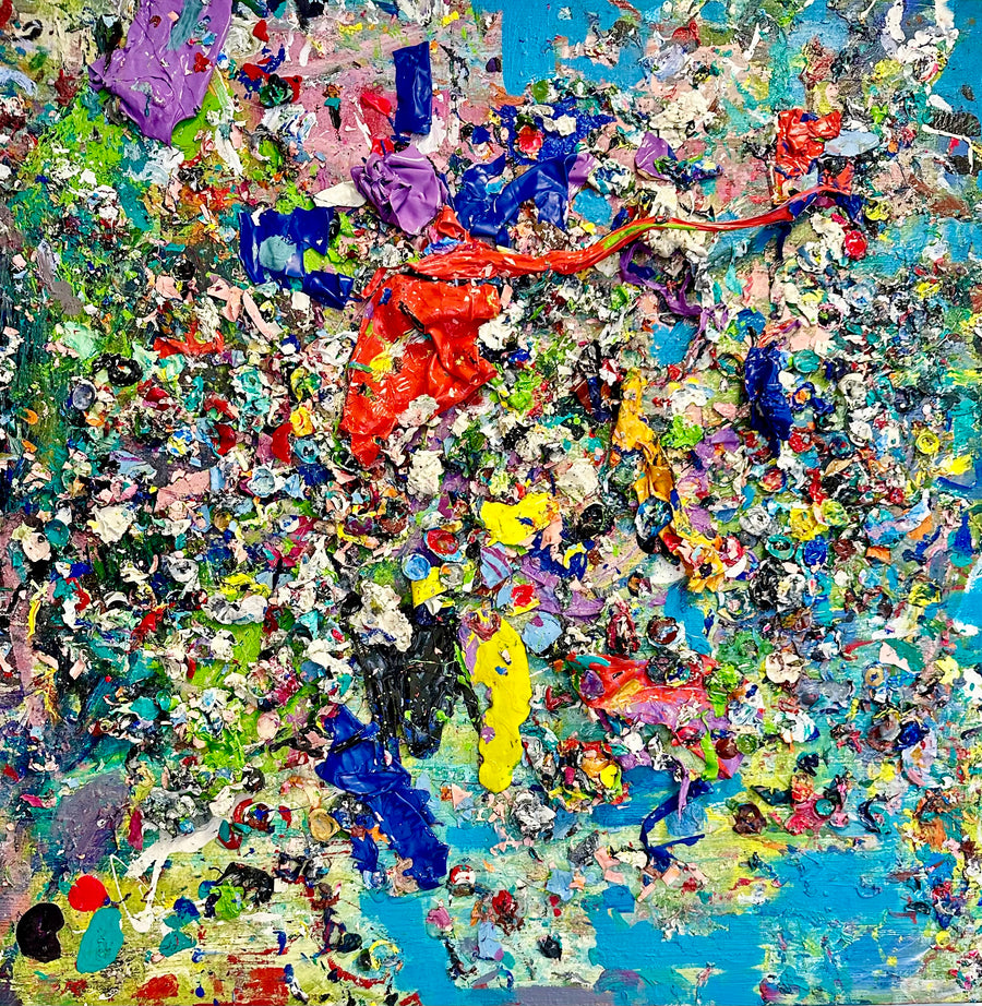 Hurricane by Damon DeWitt — reclaimed acrylic paint on panel, 48 x 48 inches, from the Consumed series
