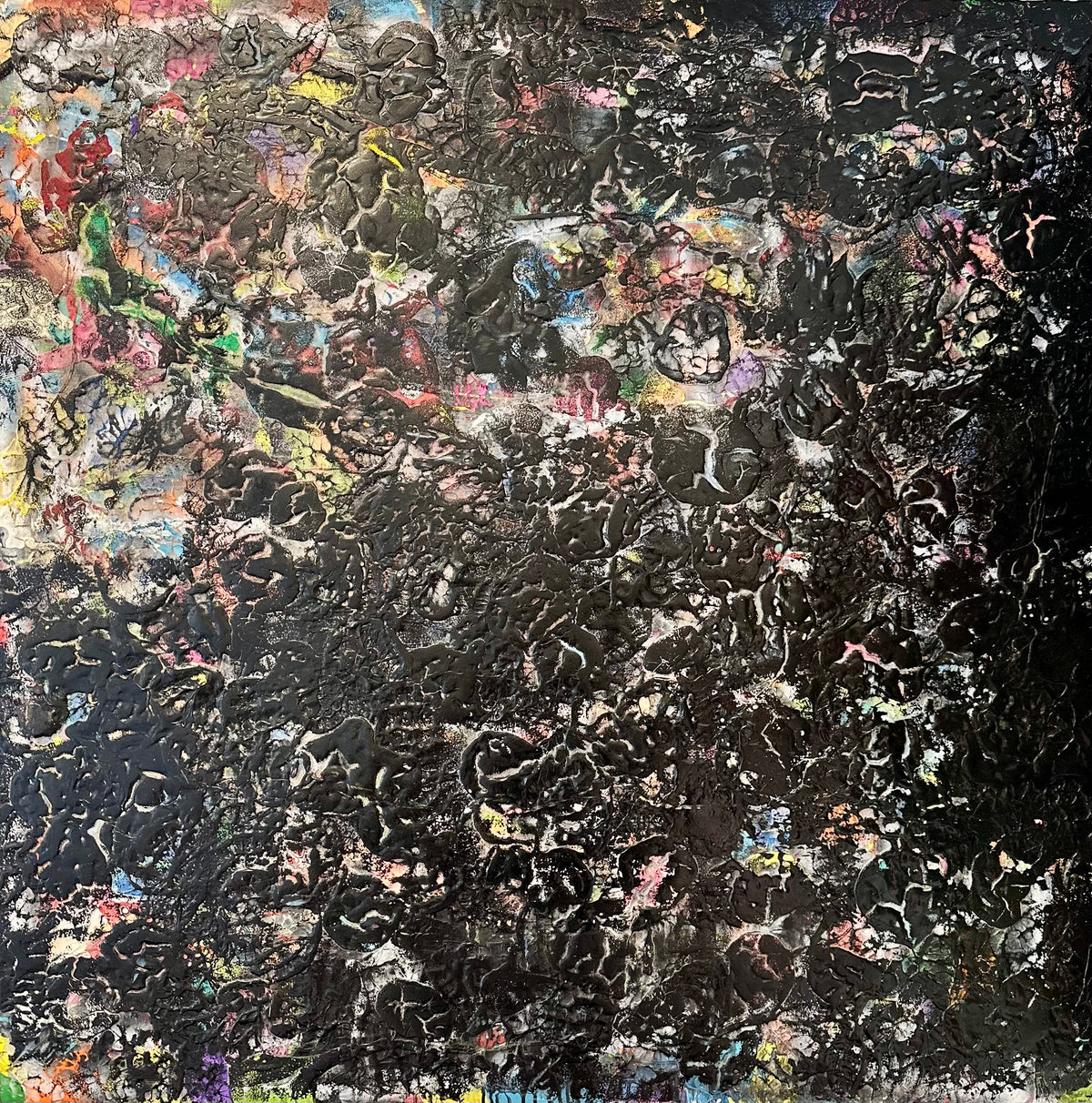 Fire by Damon DeWitt — reclaimed acrylic paint on panel, 48 x 48 inches, from the Consumed series