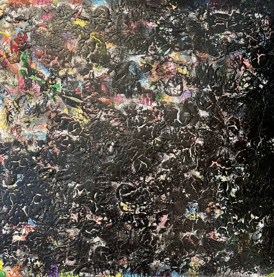 Fire by Damon DeWitt — reclaimed acrylic paint on panel, 48 x 48 inches, from the Consumed series