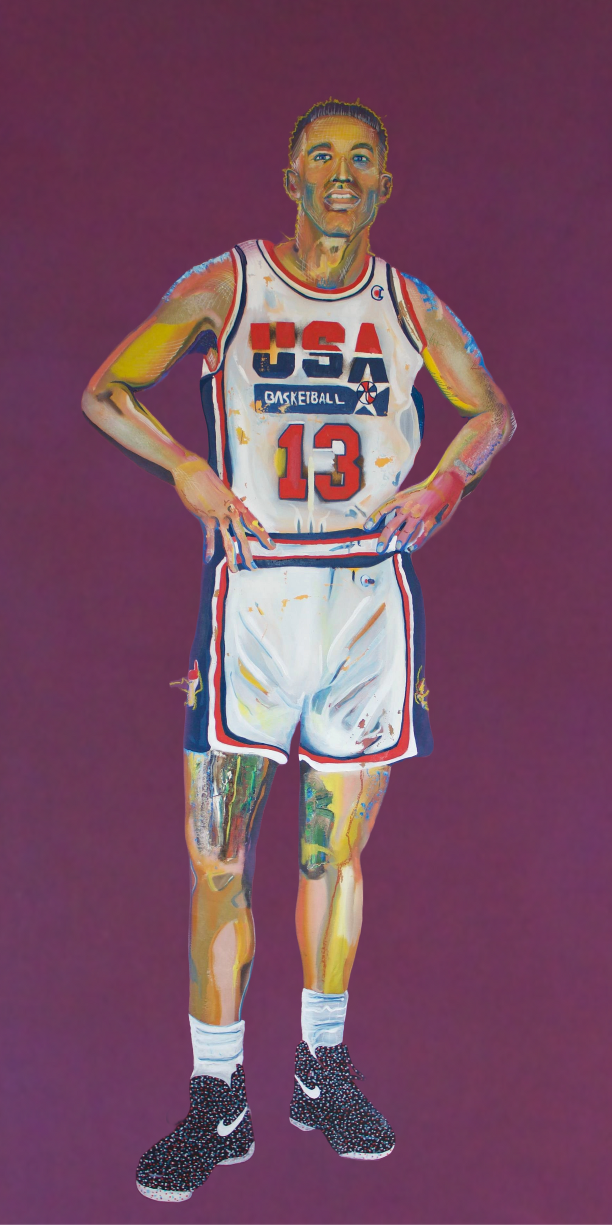 Painting of a basketball player in a USA jersey on a purple background