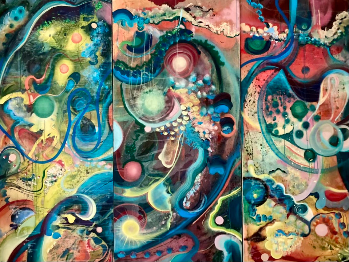 Heavenly Bodies No. 10 — original oil on canvas triptych, 66x90 inches total, by Damon DeWitt