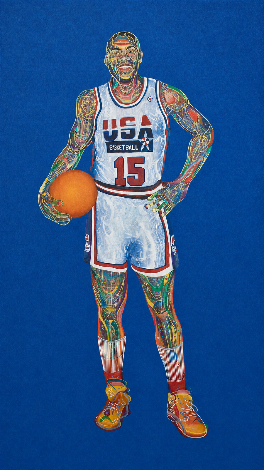 Magic Johnson — 8'×4' original acrylic and oil portrait from the Dream Team series by Damon DeWitt