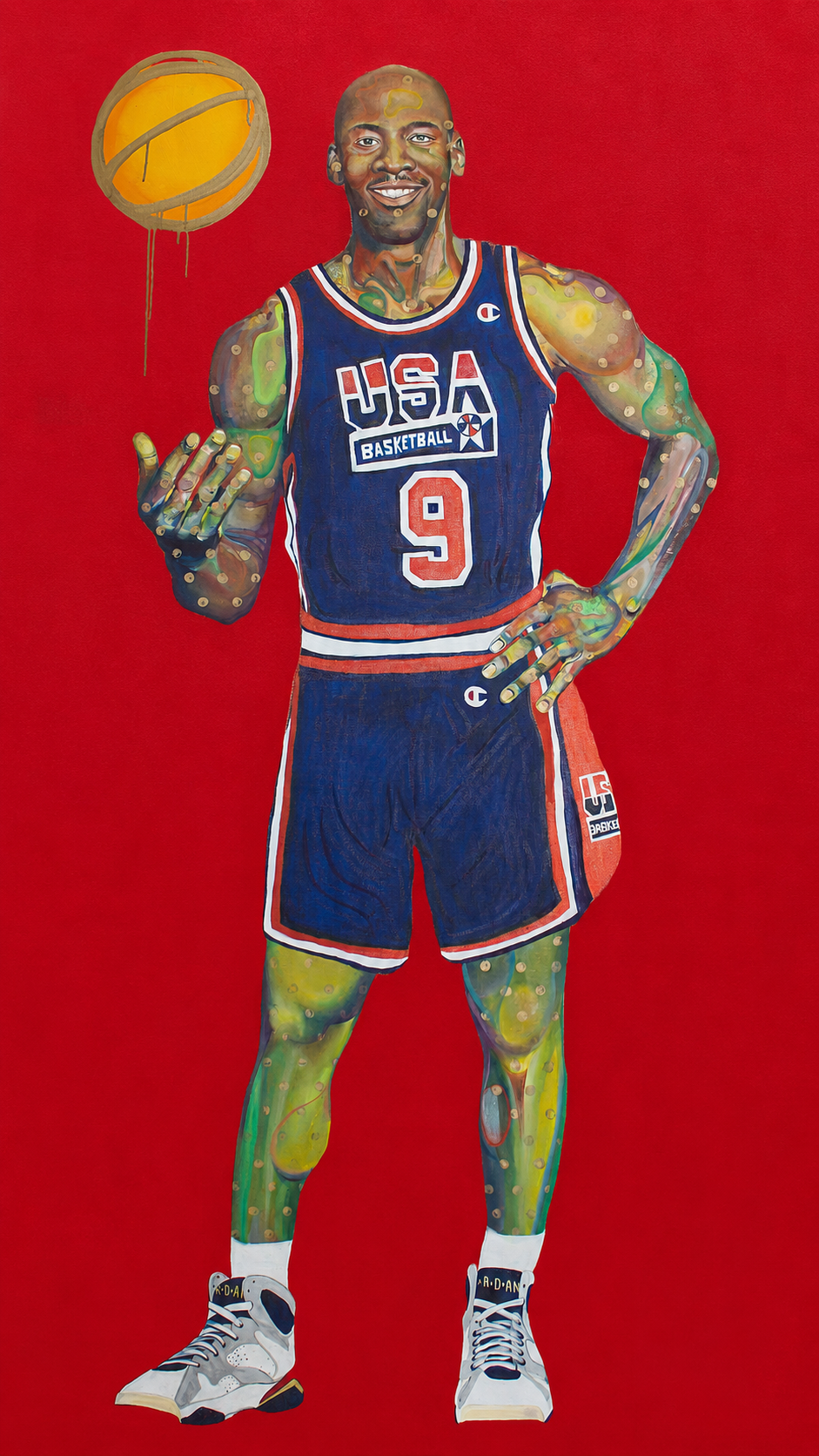 Illustration of a basketball player in a USA jersey on a red background