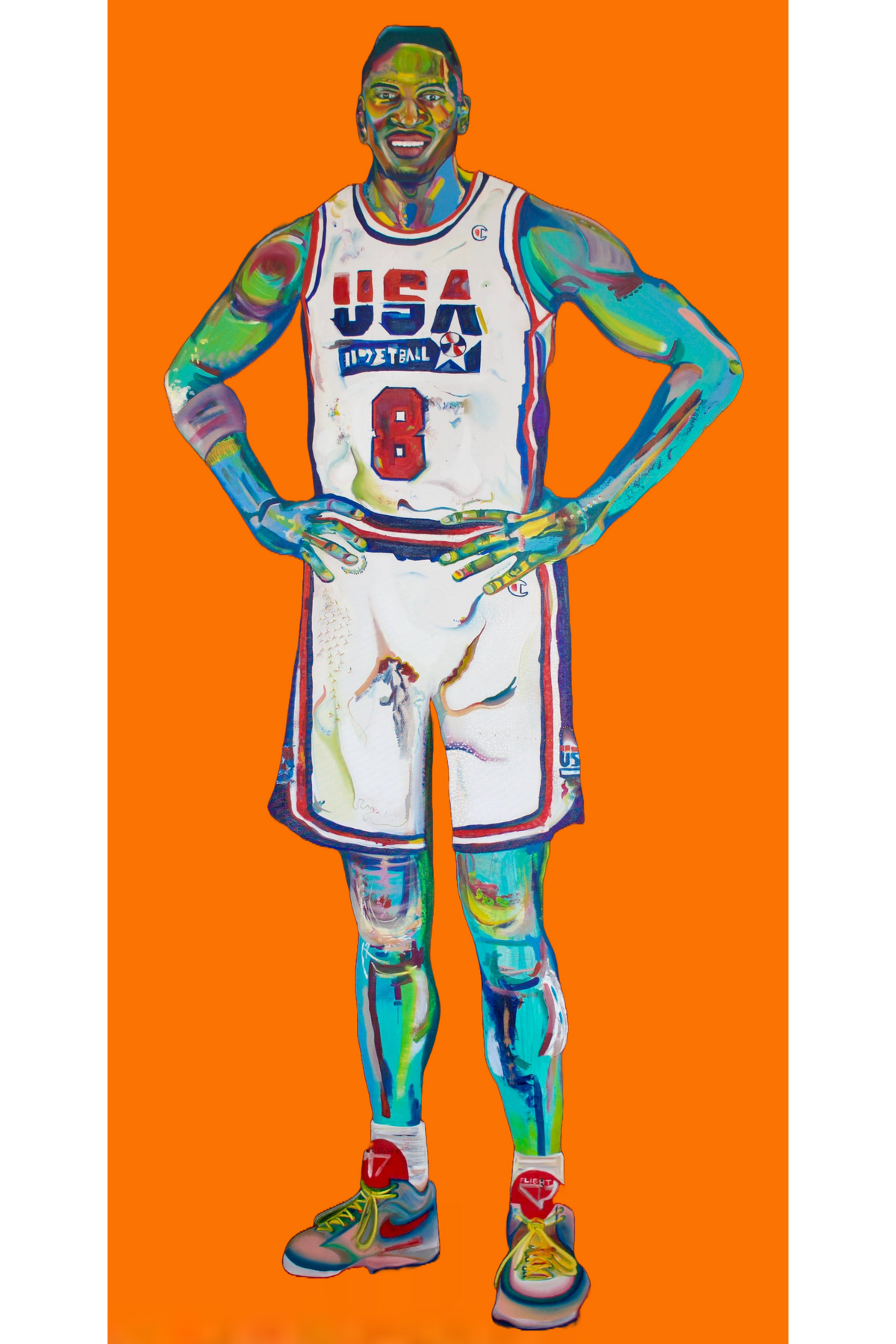 Colorful depiction of a basketball player in a USA jersey on an orange background